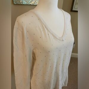 DKNY White Mini Rhinestone Holiday Fall Winter V-Neck Cotton Sweater
